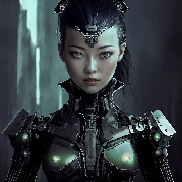 Gray cyber girl with green elements in her body