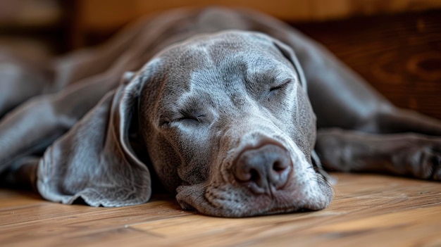 A gray dog sleeping on the floor of a house looking peaceful and content