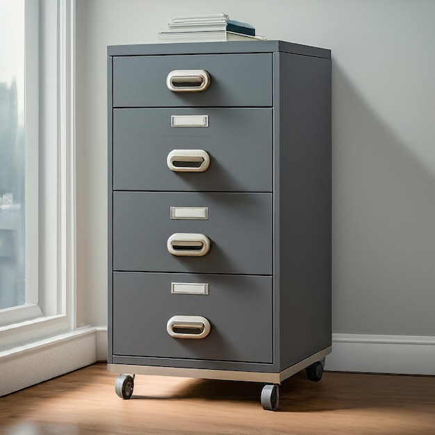 a gray filing cabinet with a white handle and a silver lock