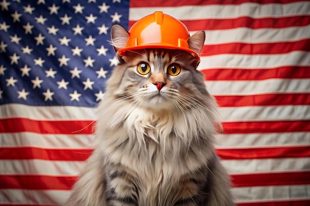 Gray Fluffy Cat In An Orange Construction Helmet On An American Flag Labor Day Ideas Builder Cat