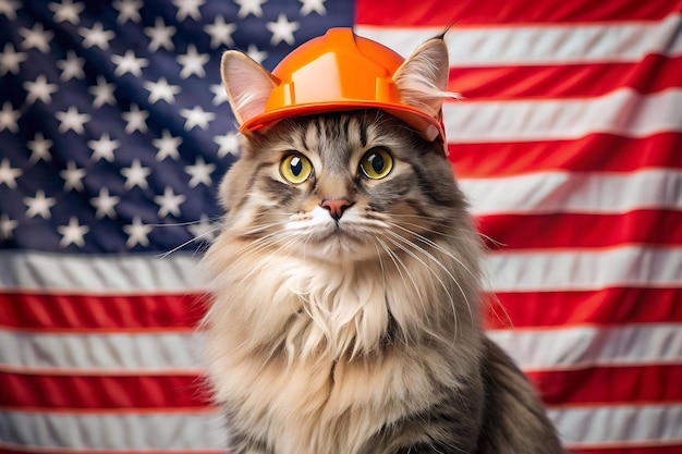 Gray Fluffy Cat In An Orange Construction Helmet On An American Flag Labor Day Ideas Builder Cat