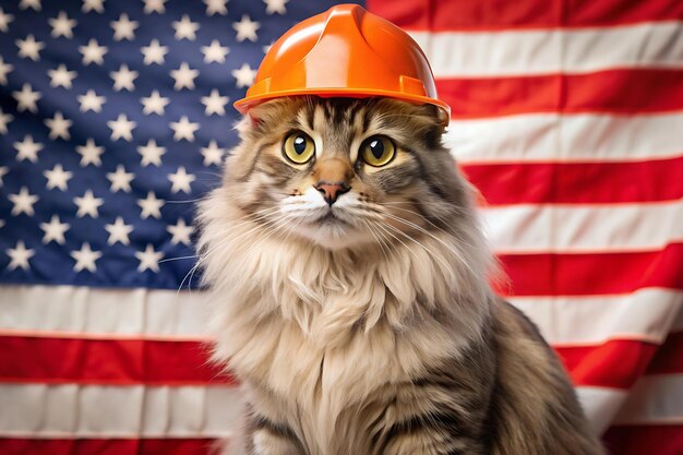 Photo gray fluffy cat in an orange construction helmet on an american flag labor day ideas builder cat