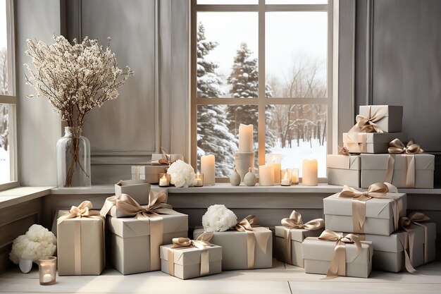 Gray gift boxes with beige bows in gray interior with winter views Generative AI