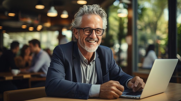 Gray hair mature man office worker ai generated portrait image copy space