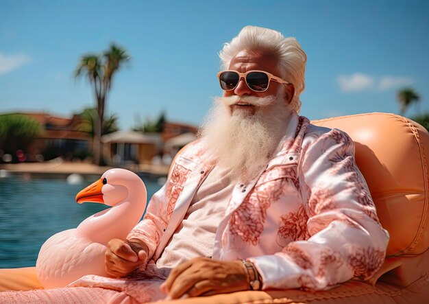 Gray haired adult man with a beard in a pink suit rests on the sea with pink flamingos Santa on vacation