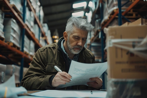 A Gray haired man signs a contract in a warehouse