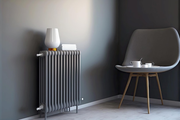 Gray heating radiator located on gray wall near small table