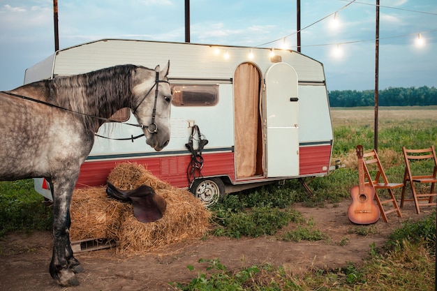 Gray horse, mobile trailer, glowing garland, guitar, folding chairs for rest, bales of hay, saddle and bridle