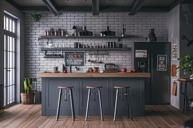 Photo gray kitchen interior with bar and poster