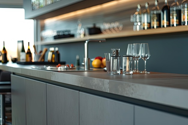 Gray kitchen with bar close up