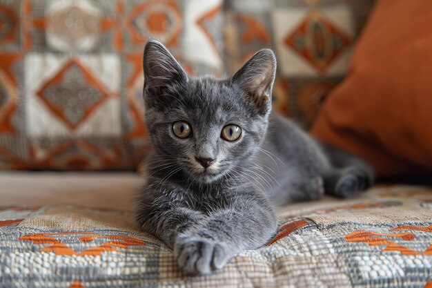 Photo a gray kitten is laying on a couch with a red pillow behind it