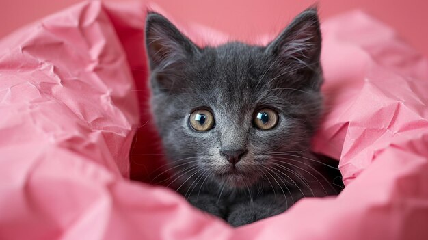 Gray kitten peeks out of a heartshaped hole on a pink background Blank design for Valentines Day