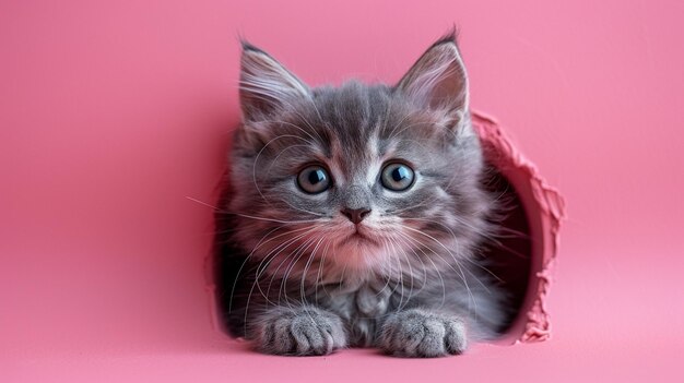 Gray kitten peeks out of a heartshaped hole on a pink background Blank design for Valentines Day