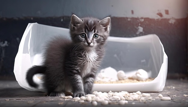 A gray kitten sits on a dirty floor.