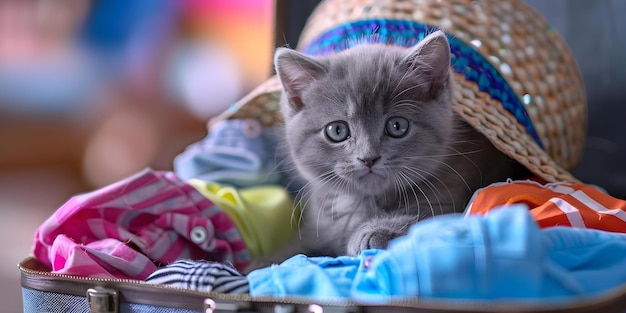 A gray kitten in a suitcase with summer clothes and a beach hat Concept Pets Summer Style Cute Animals Traveling with Pets