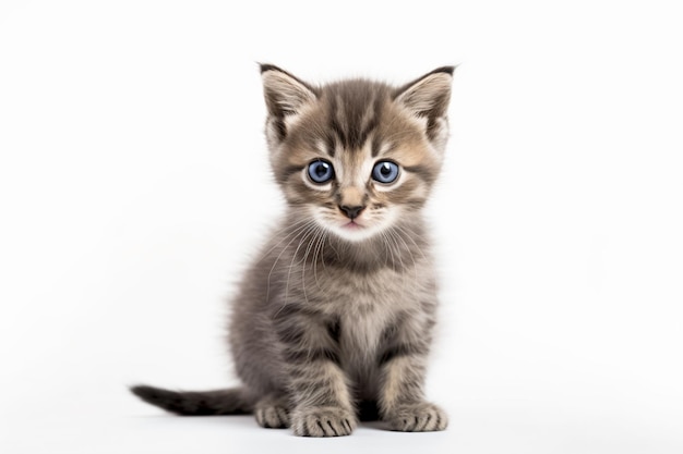 A gray kitten with blue eyes sits on a white background.