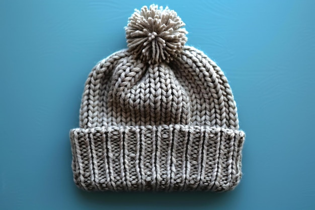 A gray knitted hat with a bobble on top laid flat on a blue background viewed from above