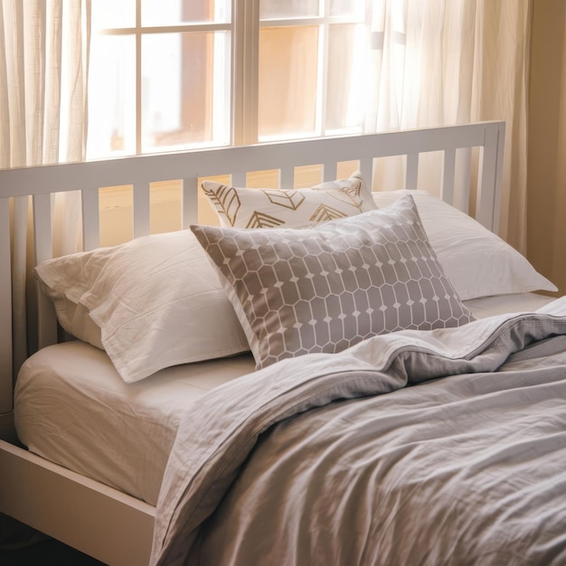 Photo gray linens in sunlight on bed in bedroom