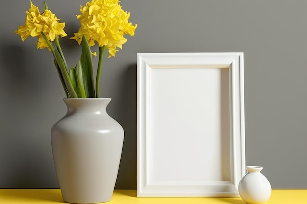 A gray mockup frame on a yellow background with copy space a white ceramic vase