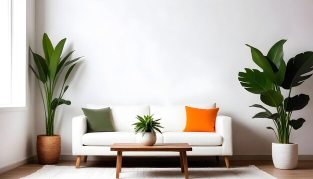 A gray modern Sofa armchair with wooden legs next to a large green potted plant