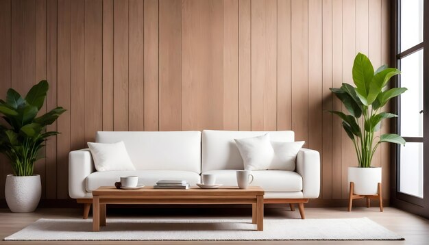 A gray modern Sofa armchair with wooden legs next to a large green potted plant