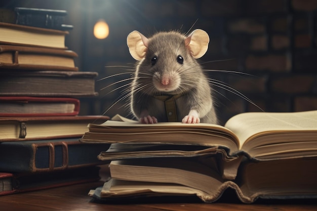 A gray mouse in a sweatshirt is sitting with books in the library The concept of preparing