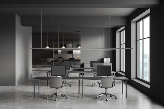 Gray open space office with meeting room