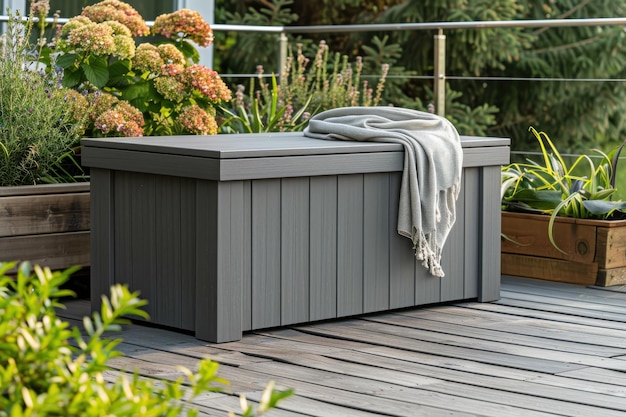 Gray outdoor storage box with a blanket on a deck surrounded by greenery