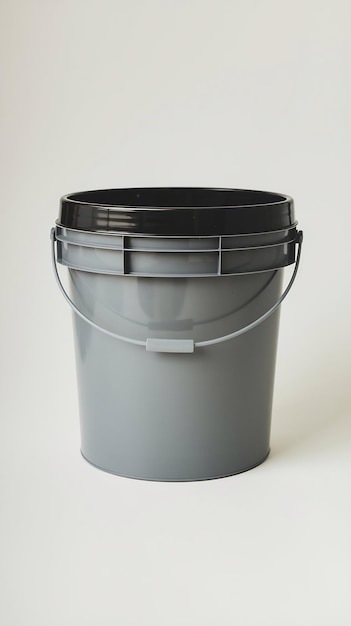 Photo a gray plastic bucket with a black cap on a white background