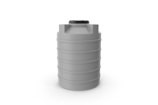 A gray plastic bucket with a black cap on a white background.