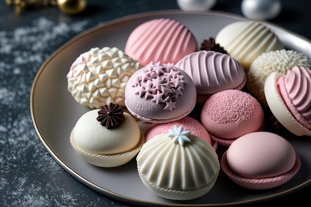 A gray plate with pink and vanilla zephyrs and holiday balls