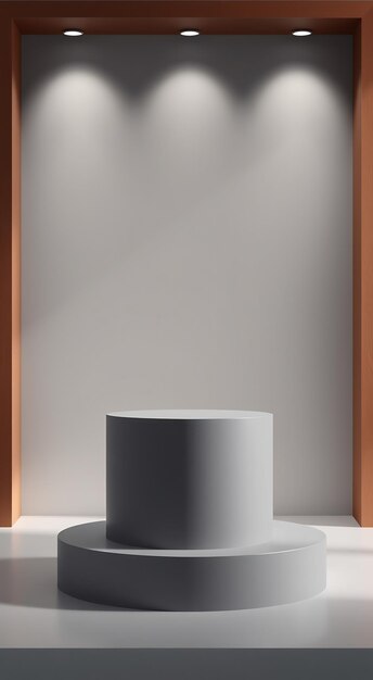 A gray podium with two tiers under three spotlights in a minimal white room