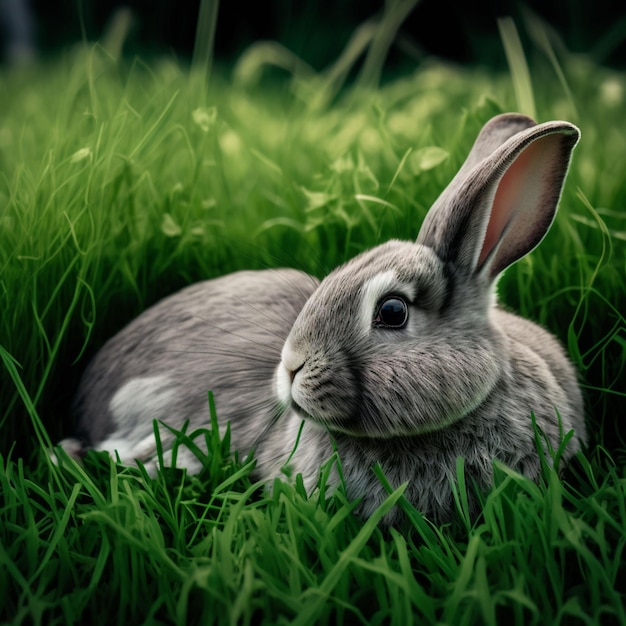 A gray rabbit is laying in the grass and the head is turned to the right.