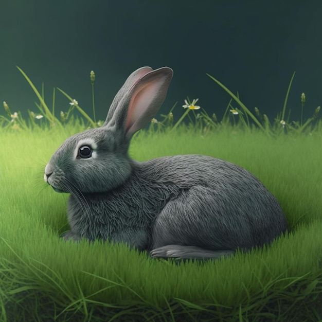 A gray rabbit sits in the grass in front of a dark background.