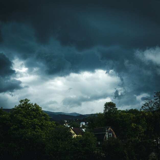 Gray rain clouds over the mountains