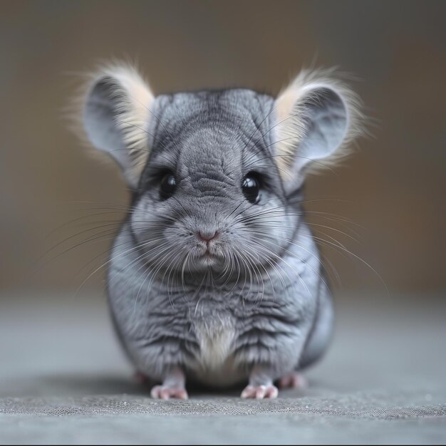 a gray rat with a black nose sits on a carpet