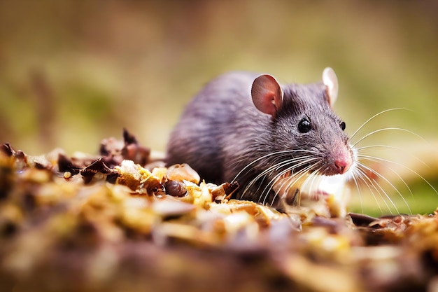 Gray rat with large ears sits on pile of rat garbage