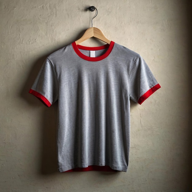 a gray and red shirt hanging on a hanger with a red stripe