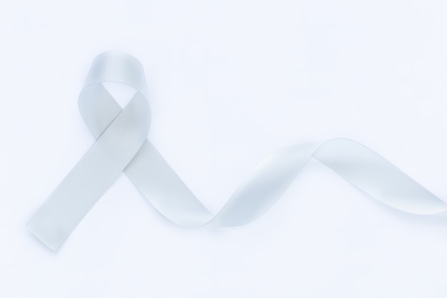 Gray ribbon on white isolated background copy space. Brain Cancer Awareness, Brain Tumors, Allergies, Asthma, Diabetes Awareness, Aphasia disease, Mental Illness Disorder. Healthcare medical concept.