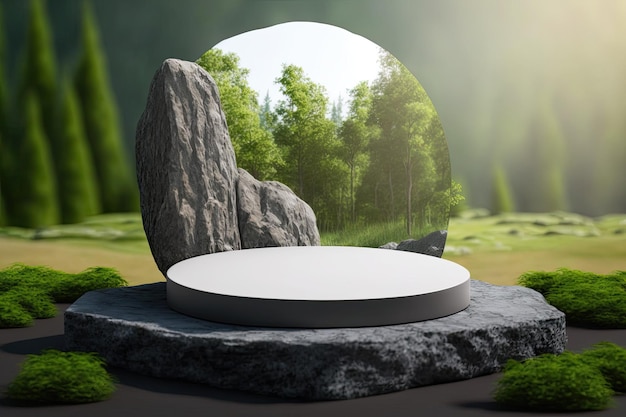 Gray rock pedestal for product display perched on a flat stone podium with a green forest