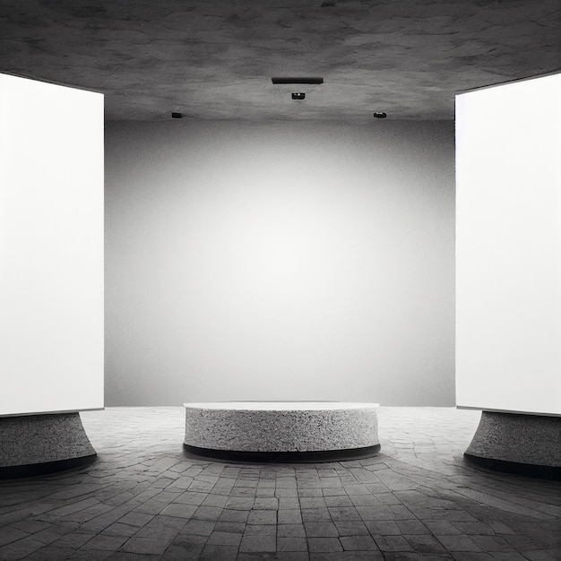 Gray rock pedestal in white room 3d mockup product podium presentation design stone round table in minimal interior with two white banners