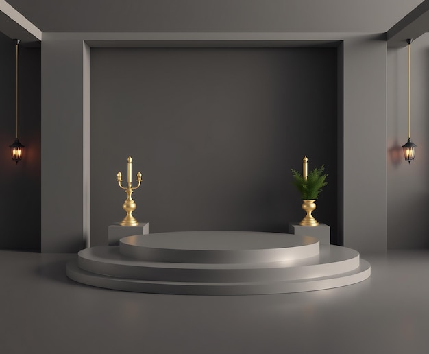 Photo gray room with a round podium two golden candlesticks and a potted plant