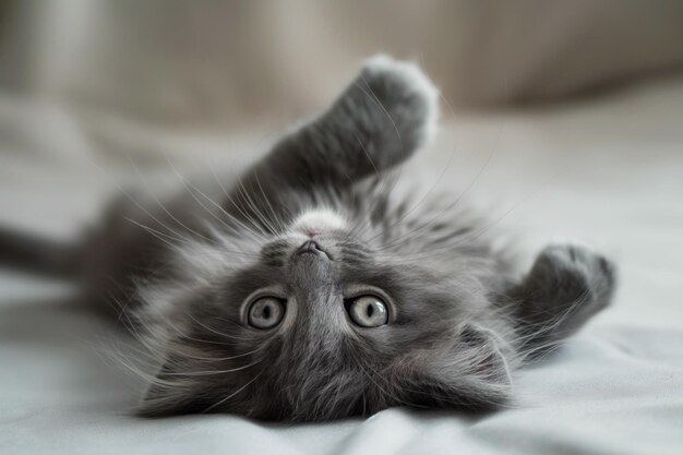 Photo gray russian blue kitten lying on its back with a soft expression showcasing its wide eyes and delicate whiskers