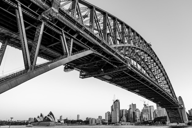 Gray scale low angle view of Syndey Harbour Bridge