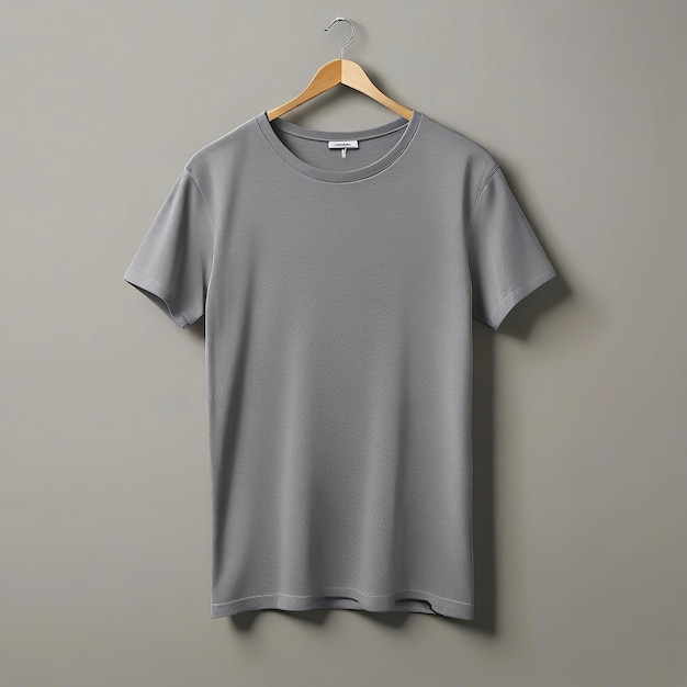 a gray shirt hanging on a hanger with a tag that says t - shirt