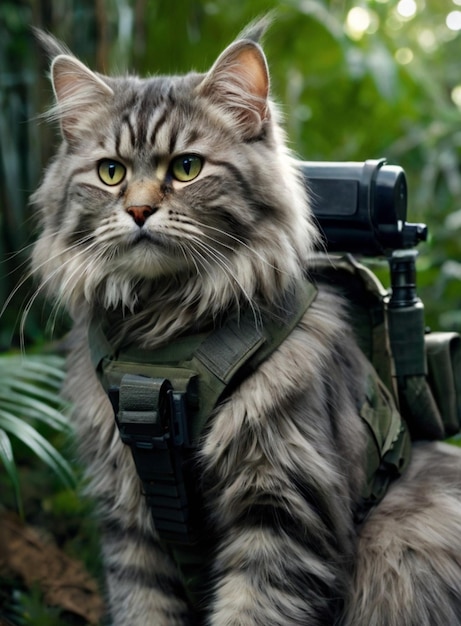 A gray siberian cat in special forces style