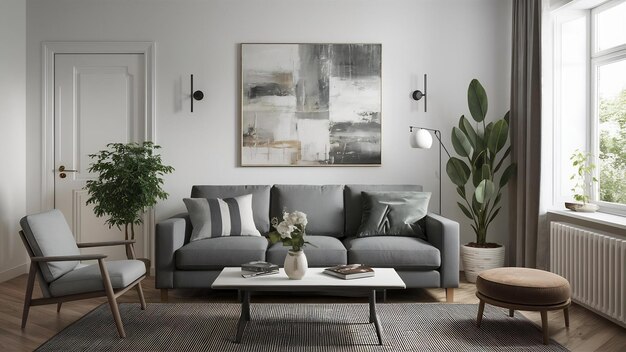 Gray sofa in white living room