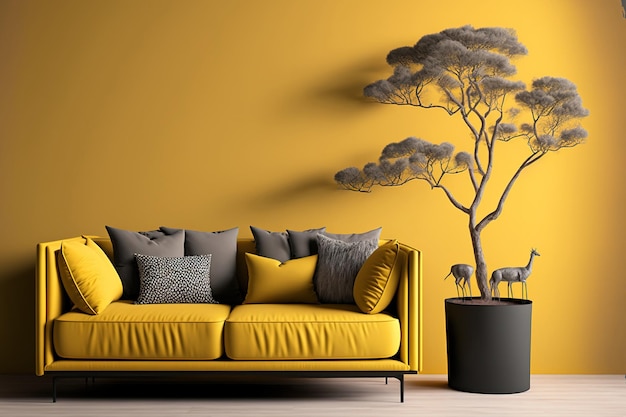 A gray sofa in a yellow living room with mockup space