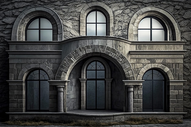 Gray stone arched windows in building of ancient style