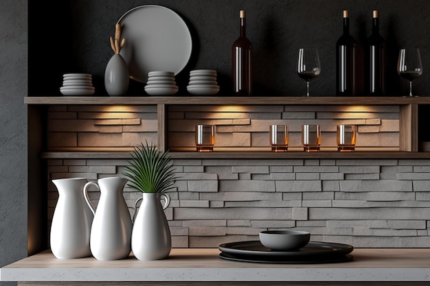 Gray stone patio counter and wall shelf interior scene and mockup